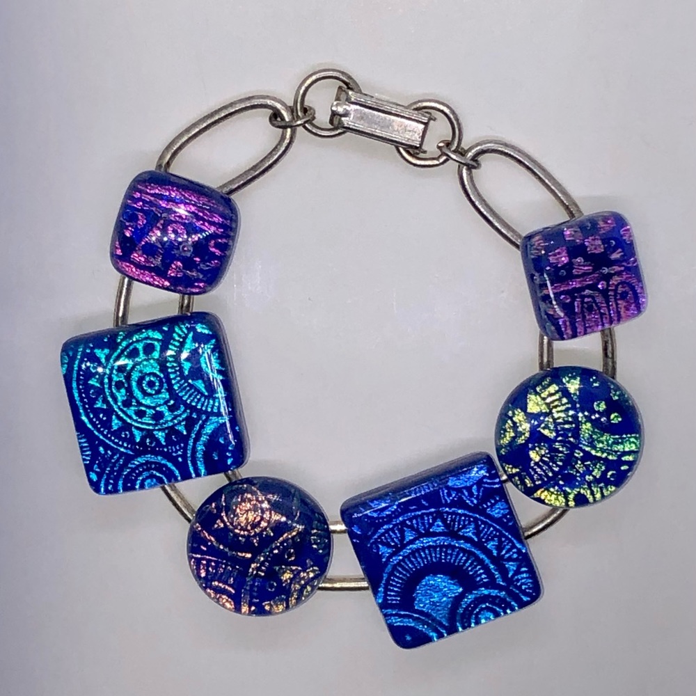 Handcrafted Silver Dichroic Glass Bracelet - 8”